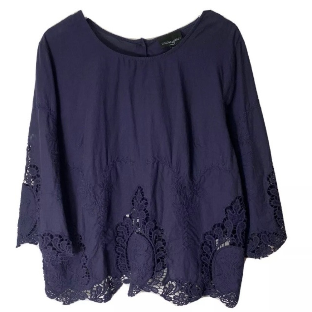 𝅺cynthia Rowley Blue Cotton blend  Lace Top. 1X